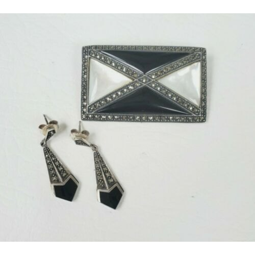 Art Deco Sterling Black Onyx White Mother of Pearl Marcasite Brooch & Earrings